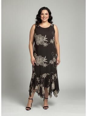 Eva Blue Plus 16W Brown Floral Sheer Overlay Midi Dress fairycore